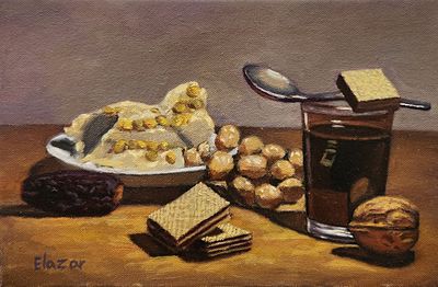 אלעזר גלעדי. טבע דומם,
אקריליק על בד,
20x30 ס"מ.
חתום.