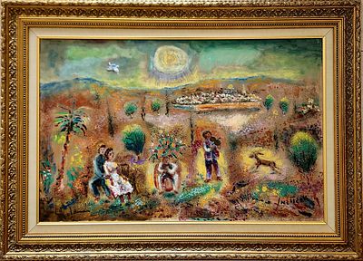 אלברט גולדמן (2011 - 1922) . דמויות בנוף על רקע ירושלים, 
שמן על בד, 
65x100 ס"מ. 
חתום. 
עבודה 