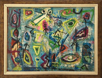 בצלאל ליליק שץ (1912-1978). צורות וצבעים, 
שמן על קרטון, 
45x60 ס"מ. 
חתום.