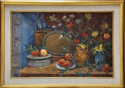 לאו קהאן (1983 - 1893). טבע דומם, 
פירות ופרחים על השולחן, 
עבודה גדולה ואיכותית במיוחד.. 
60x92 