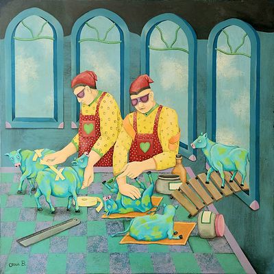 אורנה בן שושן. "שיעור בכחול" 
שמן על בד, 
100x100 ס"מ. 
חתום.