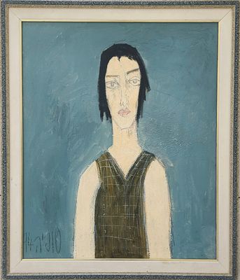 סופיה קיסלוב (2018 - 1923) . דמות אישה 1994, 
שמן על בד מוצמד לקרטון, 
58x48 ס"מ. 
חתום ומתוארך.