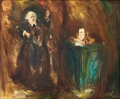 משה צ'אוסקי (1935-2014) . הצגה בתיאטרון 1972, 
שמן על בד מוצמד לקרטון, 
53x64 ס"מ. 
חתום ומתוארך. 