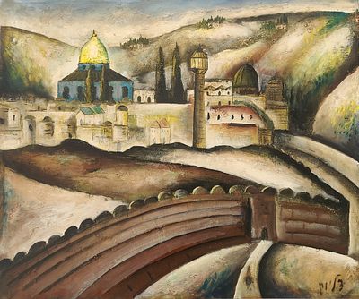 יונה צליוק (1988 - 1903) . נוף ירושלים, 
שמן על בד, 
52x62 ס"מ. 
חתום.
