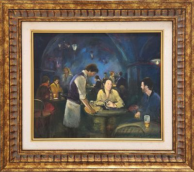 צבי מלנוביצר (נ.1945). בית קפה בוינה 1983, 
שמן על בד, 
46x55 ס"מ. 
חתום ומתוארך. 
הציור 