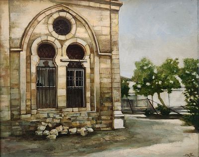 דים יוז (נ.1947). מבנה בנוף, 
שמן על בד, 
40x50 ס"מ. 
חתום.