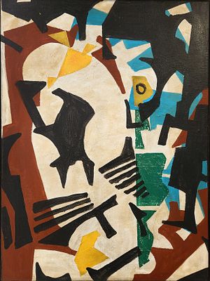 חיים קיווה (1983 - 1912) . קומפוזיציה 1969, 
שמן וקולאז' על בד, 
73x54 ס"מ. 
חתום ומתוארך מאחור.