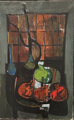 צבי מאירוביץ' (1911-1974). טבע דומם, 
רחוב ירושלים 5, חיפה, 
שמן על בד, 
62x38 ס"מ. 
חתום. 