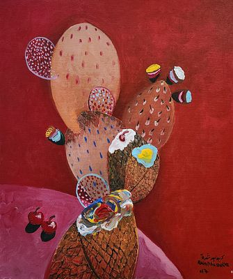 כרים אבו שקרה (נ.1982) . גלידת קקטוס, 
שמן על בד, 
60x50 ס"מ. 
חתום ומתוארך מלפנים ומאחור.
