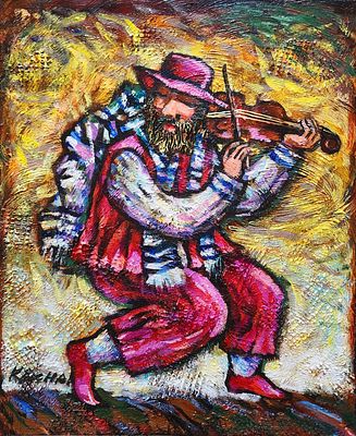 מיכאל קצאן (נ.1964). כליזמר עם טלית, 
אקריליק על בד, 
60x50 ס"מ. 
חתום.