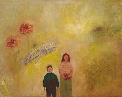 אסנת רייזמן בן שלום . ילדים בנוף, 
שמן על בד, 
40x50 ס"מ. 
חתום.