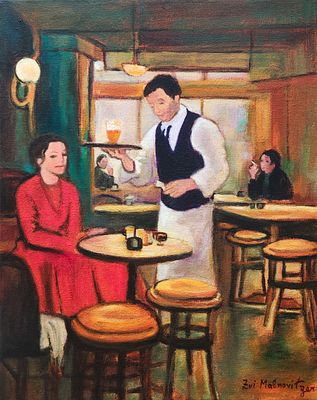 צבי מלנוביצר (נ.1945). בית קפה בפריז, 
שמן על בד, 
50x40 ס"מ. 
חתום.