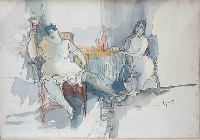 יצחק טרקאי (1935-2012). דמויות, 
אקוורל ועיפרון על נייר, 
35x51 ס"מ. 
חתום. 
כתמי גיל 