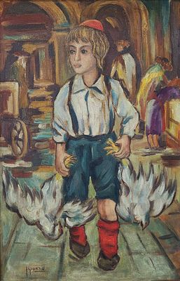 שאול רסקין (1878-1966). נער יהודי, 
נער יהודי לקראת טקס כפרות, 
שמן על בד, 
70x45 ס"מ. 