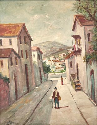 המקובל רבי יהודה ליאון פטילון (הצייר הקדוש) . דמות בנוף, 
שמן על בד, 
45x35 ס"מ. 
חתום.