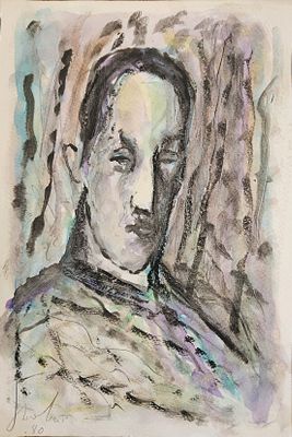 יחזקאל שטרייכמן (1906-1993) . דיוקן 1980, 
אקוורל על נייר, 
28x19 ס"מ. 
חתום ומתוארך.