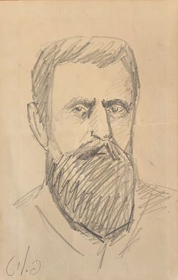פנחס ליטבינובסקי (1894-1985). דיוקן בנימין זאב תאודור הרצל, 
רישום עיפרון על נייר, 
24x15 ס"מ. 
חתום.