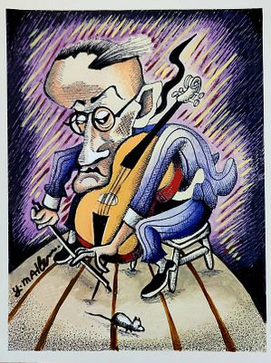 יובל מלר (2025 - 1951). נגן, 
שמן וטכניקה מעורבת על נייר הדפס, 
25x19 ס"מ. 
חתום.