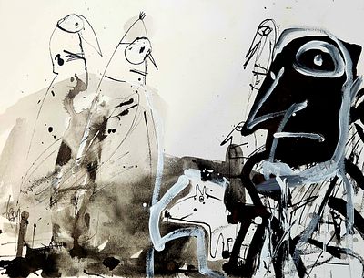 לאו ריי (נ.1950). מפגש לאור יום, 
גואש על נייר, 
50x65 ס"מ. 
חתום.