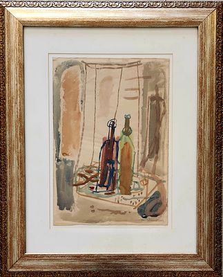 אביגדור סטימצקי (1989 - 1908). טבע דומם 1951, 
אקוורל על נייר, 
50x35 ס"מ. 
חתום ומתוארך. 
עבודה 