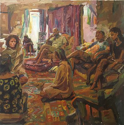 יצחק ג'קובס. יומן מסע, 
שמן על בד, 
100x100 ס"מ. 
חתום.