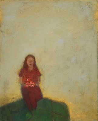 אסנת רייזמן בן שלום. נערה עם פרחים בנוף, 
שמן על בד, 
50x40 ס"מ. 
חתום מאחור.