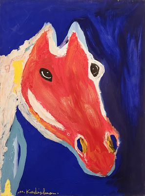 מנשה קדישמן (1932-2015). סוס על רקע כחול, 
אקריליק על בד, 
80x60 ס"מ. 
חתום וחתום מאחור. 