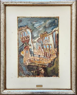 מרדכי לבנון (1901-1968) . נוף צפת, 
אקוורל על נייר, 
50x35 ס"מ. 
חתום.