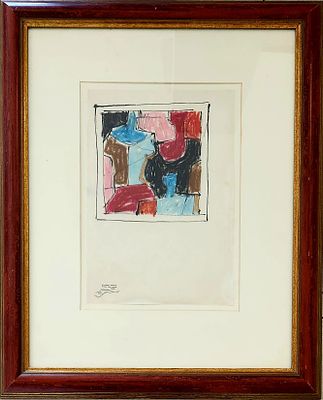 אהרון כהנא (1905-1967). מופשט, 
פנדה וגואש על נייר, 
33x23 ס"מ. 
חתום בחותמת העיזבון ובעיפרון 