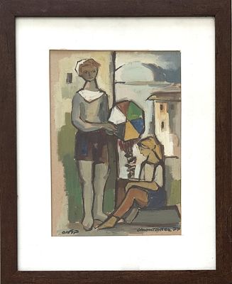 קרלוס מונטנייז (אורוגוואי - ישראל, 1921-2008) . זוג נערות ליד הבית 1977, 
שמן על קרטון, 
35x25 
