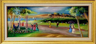 שלמה אלתר. דמויות בנוף, 
שמן על מזוניט, 
27x70 ס"מ. 
חתום.