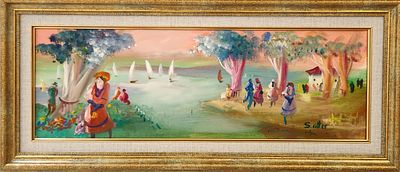 שלמה אלתר. דמויות ליד האגם, 
שמן על בד מוצמד לקרטון, 
18x55 ס"מ. 
חתום.