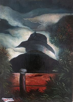 ברוך אלרון (2006 - 1934) . דמות בנוף, 
שמן על בד מוצמד לקרטון, 
27x19 ס"מ. 
חתום.