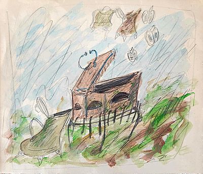 יוסל ברגנר (1920-2017). כלים בנוף, 
אקוורל ועיפרון על נייר, 
20x24 ס"מ. 
חתום.