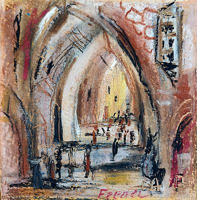 יצחק פרנקל פרנל (1981 - 1899). דמויות בנוף, 
שמן על קרטון, 
16.5x16 ס"מ. 
חתום.