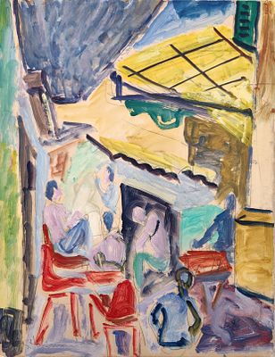 שמשון הולצמן (1986- 1907). שוק הפישפשים, 
אקוורל על נייר מוצמד לקרטון, 
65x50 ס"מ. 
חתום.