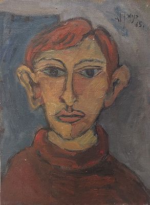 בני בנימין לוי (2010 - 1940). דיוקן 1965, 
שמן על בד, 
(לא מתוח על עץ) 
38x28 ס"מ. 
חתום ומתוארך.