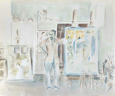 יוסף גטניו (נ. 1939). האמן בסטודיו, 
אקוורל על נייר, 
37x45 ס"מ. 
חתום.