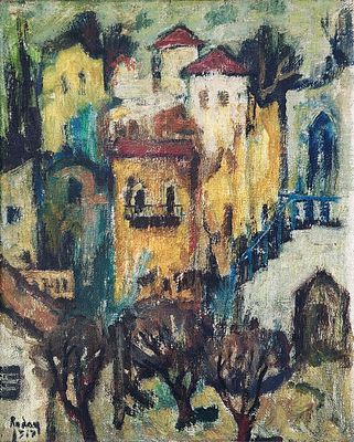 יהודה רודן (1916-1985). בתים בנוף צפת, 
שמן על בד, 
43x35 ס"מ. 
חתום.