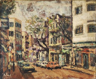 יהודה רודן (1916-1985). נחלת בנימין תל אביב, 
שמן על בד, 
38x46 ס"מ. 
חתום.