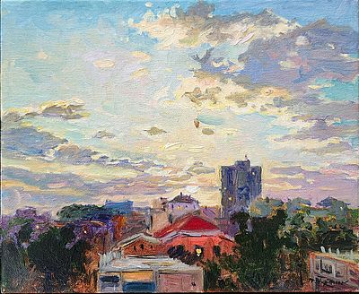 מארק פורמן . גגות חיפה בשקיעה, 
שמן על בד, 
25x30 ס"מ. 
חתום.
