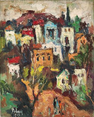 יהודה רודן (1916-1985). נוף צפת, 
שמן על בד, 
43x35 ס"מ. 
חתום.