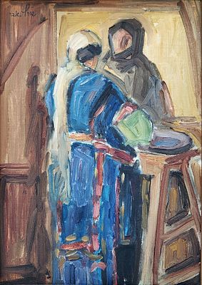 אבי שוורץ (נ.1938). דמויות, 
שמן על בד מוצמד לעץ, 
35x25 ס"מ. 
חתום.