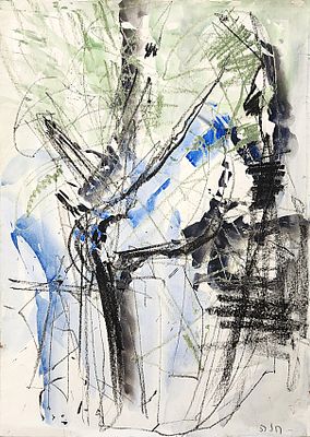 חנה לוי (1914-2002) . מופשט 1986, 
אקוורל על נייר, 
70x50 ס"מ. 
חתום. 
מתוארך מאחור.