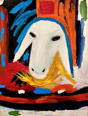 מנשה קדישמן (1932-2015). כבשה לבנה על רקע צבעוני, 
אקריליק על בד, 
80x60 ס"מ. 
חתום וחתום מאחור. 