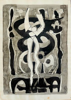 מרדכי אריאלי (1909-1993). קומפוזיציה בשחור לבן 1972, 
אקוורל על נייר, 
35x25 ס"מ. 
חתום ומתוארך.