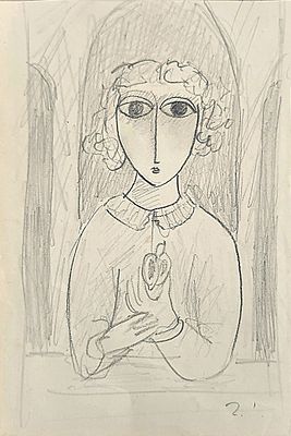 יוסל ברגנר (1920-2017) . נערה בחלון, 
רישום עיפרון על נייר, 
15x10 ס"מ. 
חתום.