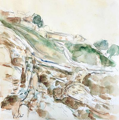 יוסף גטניו (נ. 1939). נוף, 
אקוורל על נייר, 
30x30 ס"מ. 
חתום.