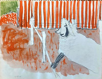 אורי שכנר. כבשה, 
אקוורל על נייר, 
27x35 ס"מ. 
חתום.