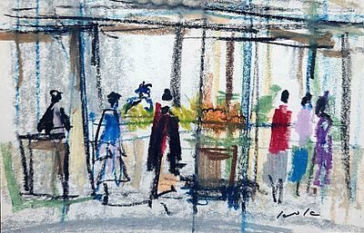 אבא פניכל (1906-1986). דמויות, 
גואש ופסטל על נייר, 
15x23 ס"מ. 
חתום.